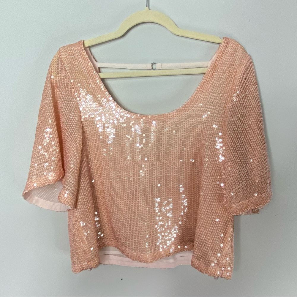 NEW $98 Free People Peach Pink Sequin Oversized Crop Top Tee *308